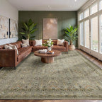 9x12 Area Rugs for Living Room Bedroom, Large Washable Rug, Vintage Floral Boho Rug, Non Slip & Low Pile Faux Wool Thin Carpet for Indoor Dining Room and Kids Room(Olive Brown 9x12ft)