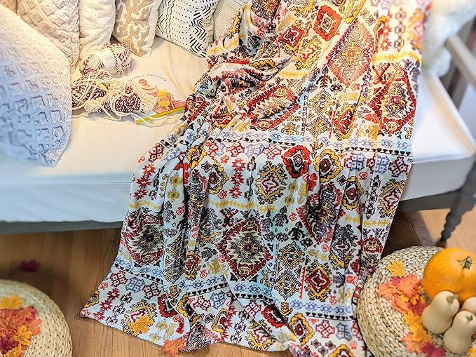 DaDa Bedding Bohemian Southwestern Mink Fleece Throw Blanket - Lightweight Cozy Farmhouse Aztec Havana Geometric Abstract Soft Warm Fall Decor - Yellow & Red - 63" x 90"