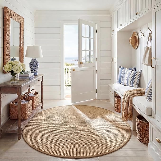 SAFAVIEH Area Rug 6' Round - Natural Fiber Collection - Maize & Linen Color, Sisal, Woven Design with Border (NF141B)