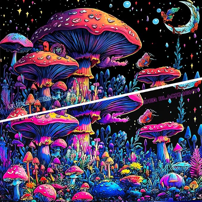 TUGCAY Blacklight Mushroom Tapestry Fantasy Forest Moon Butterfly Plant Snail Tapestry UV Reactive Aesthetic Wall Hanging Tapestries for Bedroom Dorm Living Room Classroom Decor 47 x 35 Inches