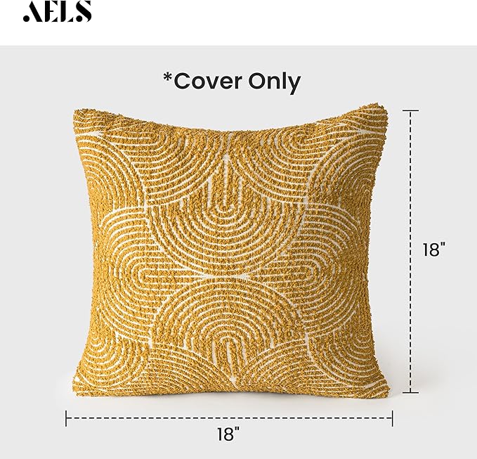 AELS Boho Decorative Textured Throw Pillow Covers 18x18, Organic Modern Mid Century Rainbow Tufted Pillow Case, Farmhouse Rustic Geometric Woven Cushion Case for Bed Couch Sofa, Mustard Yellow
