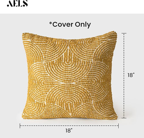 AELS Boho Decorative Textured Throw Pillow Covers 18x18, Organic Modern Mid Century Rainbow Tufted Pillow Case, Farmhouse Rustic Geometric Woven Cushion Case for Bed Couch Sofa, Mustard Yellow