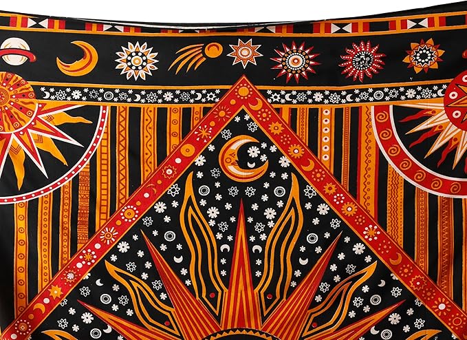 Popular Handicrafts Wall Hanging Tapestry For Bedroom Hippie Burning Sun and Moon Meditation Bohemian Hippy Psychedelic Design Indian Tapestries Bedspread 90 x 108 inches (230cm x 270cm) Green