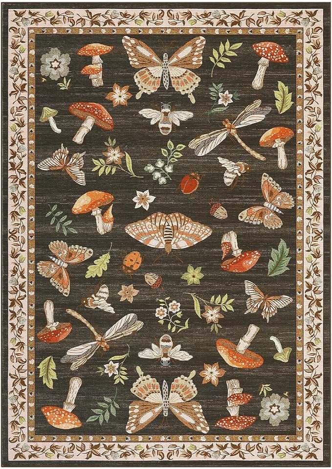 Mushroom 3x5 Area Rug Washable Non-Slip Small Indoor Rugs for Entryway with Rubber Back Soft Low-Pile Stain Resistant Foldable Carpet for Kitchen Bedroom Living Room Mat Brown
