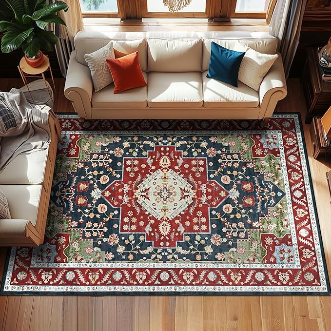 YJ.GWL Area Rugs for Living Room 8x10 Machine Washable Rugs, Non Slip Floral Vintage Rug Indoor Carpet, Stain Resistant Large Rug for Bedroom Dining Room, Red Green