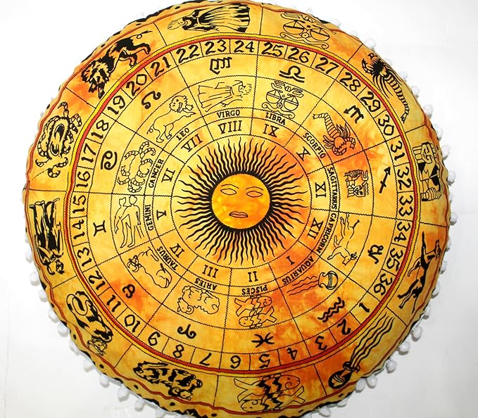 CRAFT KALA 32" Round Large Round Bohemian Floor Pillow Pouf Cover Mandala Meditation Room Pillow Cover for Adults Boho Seating Poufs Cushion Cover for Kids Playroom Yellow Zodiac