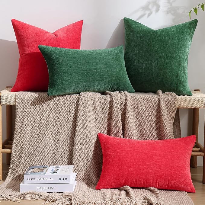 decorUhome Chenille Christmas Red Throw Pillow Covers 18x18 Inch Set of 2, Decorative Soft Couch Pillow Covers Solid Dyed Accent Farmhouse Neutral Square Pillow Cases for Sofa Bed Living Room