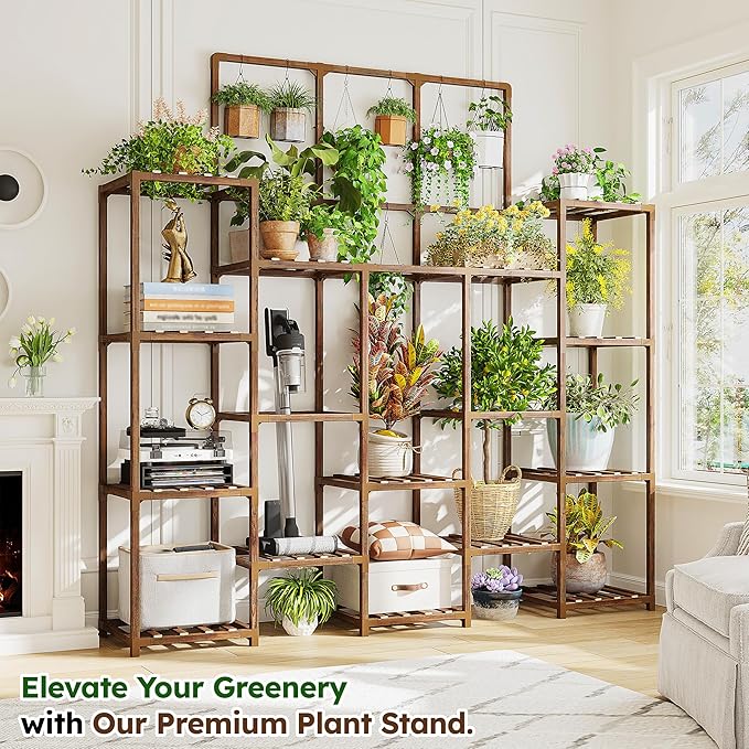 EnHomee Tall Plant Stand, 14 Tiers Indoor Plant Stand for Multiple Plants Pot, Wood Plants Shelves for Living Room, Patio, Balcony, Yard, Garden, 11.8''D×56''W×63''H