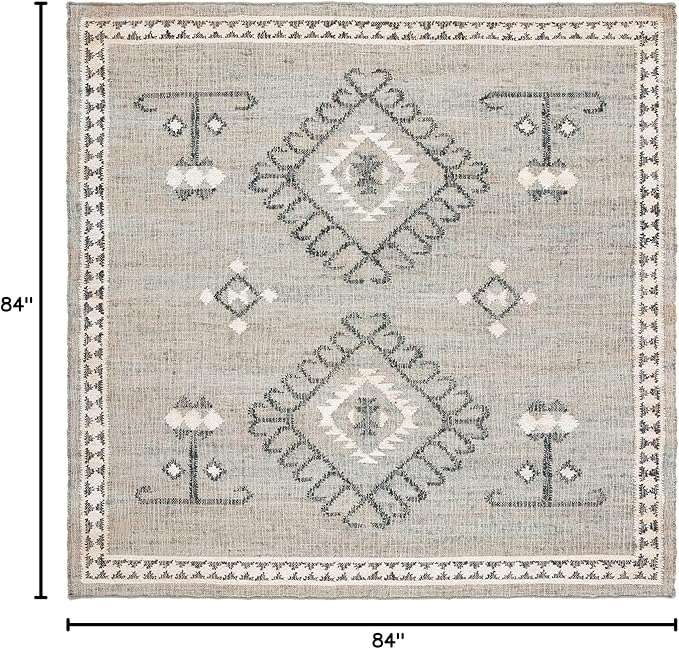 SAFAVIEH Kilim Collection Area Rug - 7' Square, Blue & Black, Flat Weave Jute Design, Ideal for High Traffic Areas in Living Room, Bedroom (KLM762M)
