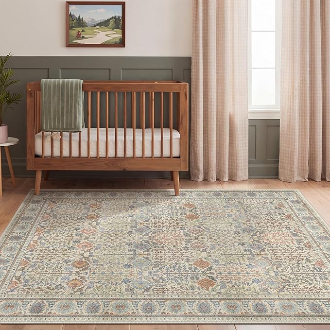 Bavni Area Rugs for Living Room, 5x7 Area Rugs Non-Slip Washable，Ultra-Thin Aesthetic Boho Rug for Bedroom Dinning Room Office, Earth Yellow