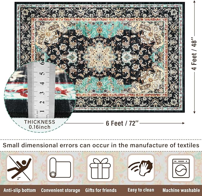 Amearea Vintage Design Black Area Rugs for Living Room, 4x6 Machine Washable Floral Collection Traditional Bedroom Rug, Low Pile Kids Room Carpet, No Slip Office Kitchen Home Decor, Black and Green