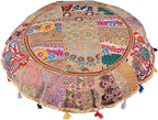 Rajasthani Handmade Colorful Decorative Floor Pillow Cover Meditation Patchwork Patchwork Cushion Seating Accent Boho Chic Indian Handmade Cover ONLY (Beige, 32X32 Inches)