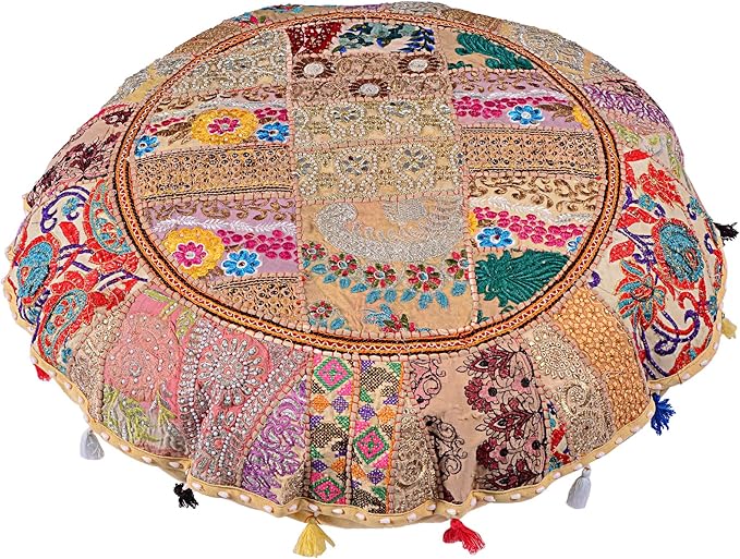 Rajasthani Handmade Colorful Decorative Floor Pillow Cover Meditation Patchwork Patchwork Cushion Seating Accent Boho Chic Indian Handmade Cover ONLY (Beige, 32X32 Inches)