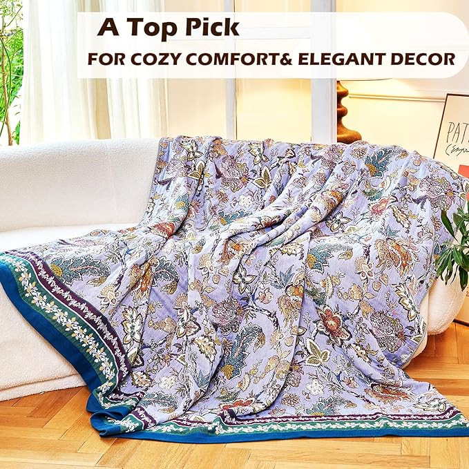 Boho Throw Blanket 60" x 80", 100% Organic Cotton Breathable Ultra Soft Bed Purple Quilt Throw - All Season Luxury Floral Farmhouse Decor Blanket for Sofa Couch Chair and Gift.