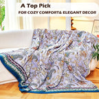 Boho Throw Blanket 60" x 80", 100% Organic Cotton Breathable Ultra Soft Bed Purple Quilt Throw - All Season Luxury Floral Farmhouse Decor Blanket for Sofa Couch Chair and Gift.