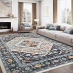 8x10 Area Rugs for Living Room, Washable Rugs with Non-Slip Backing, Super Soft Thin Large Rug for Nursery Room, Dining Room, Office, Vintage Neutral Area Rug (Navy/Pink, 8'x10')