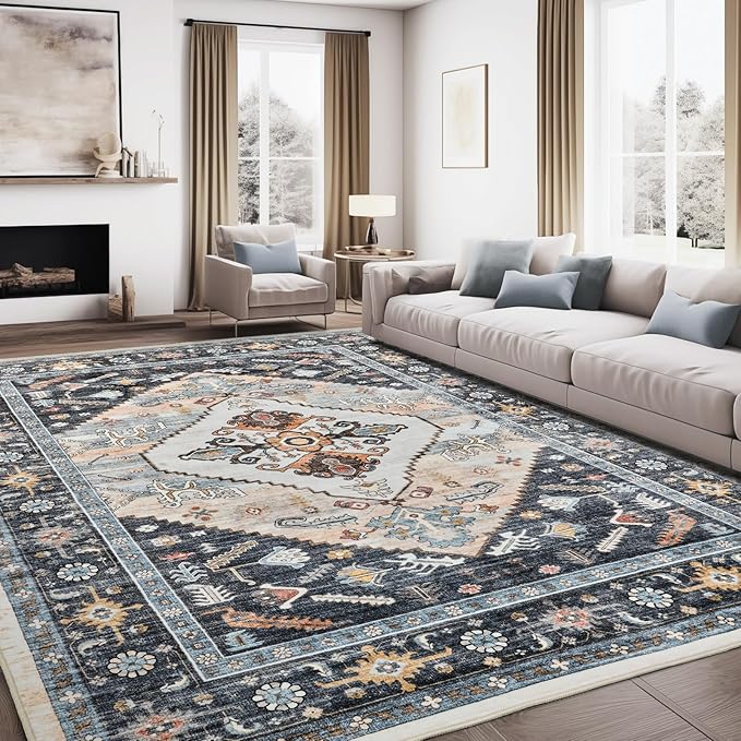 8x10 Area Rugs for Living Room, Washable Rugs with Non-Slip Backing, Super Soft Thin Large Rug for Nursery Room, Dining Room, Office, Vintage Neutral Area Rug (Navy/Pink, 8'x10')