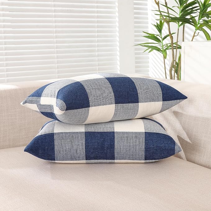 CARRIE HOME Navy Blue Buffalo Plaid Lumbar Pillow Covers 12x20 Set of 2 Blue Checkered Pillow Covers 12 x 20 Outdoor Farmhouse Lumbar Pillow Covers for Front Porch and Patio Furniture