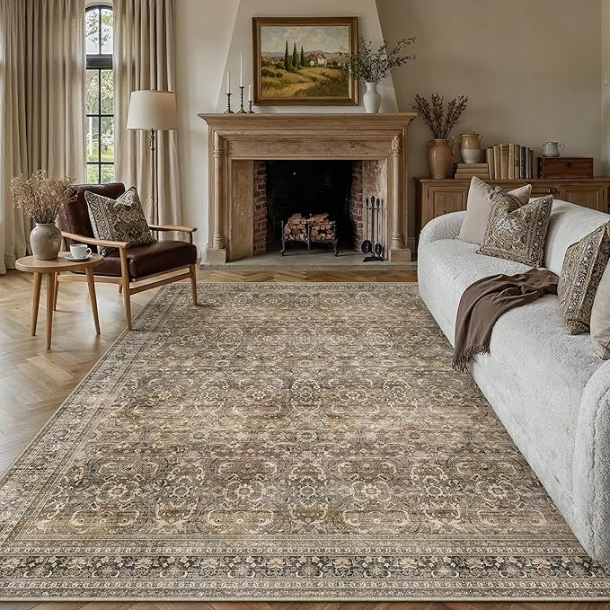 HUGEAR Area Rug 9x12 Vintage Brown Machine Washable Living Room Rugs Distressed Retro Floral Mid Pile Carpet Soft Thicker Carpet Bedroom Office Dining Room Laundry Room Non Slip Soft