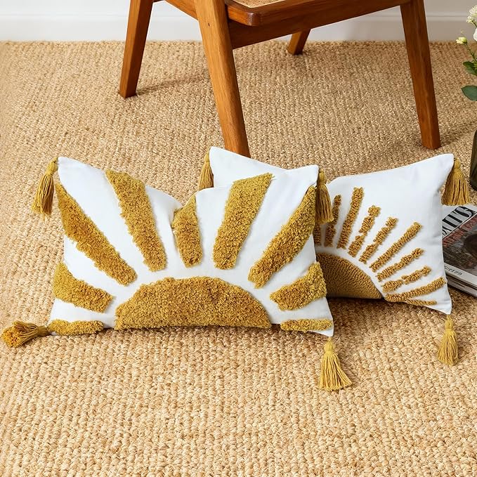 Boho Throw Pillow Covers 12x20 Inch Sun Tufted Lumbar Pillow Covers with Tassels, Bohemian Farmhouse Decorative Cushion Cover for Couch Sofa Bedroom Living Room Home Decor (Yellow-Thick)
