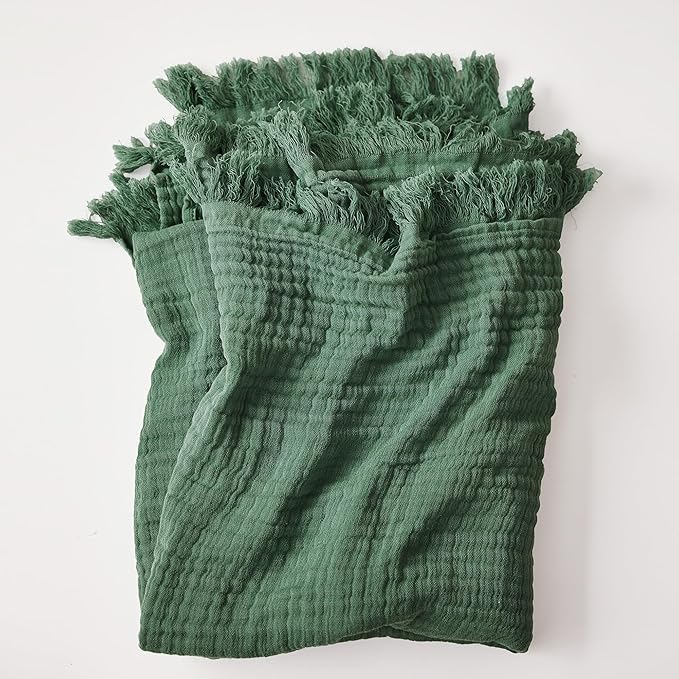 Simple&Opulence Cotton Muslin Throw Blanket for Bed, Couch, Knit Woven Gauze Blanket with Tassels, Soft Lightweight Cozy Pre-Washed Breathable Farmhouse Decoration for All-Season (Olive Green)