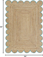 Scalloped Natural Jute Area Rug, Teal Trim, 2'x3'