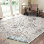 GENIMO 6x9 Reversible Area Rugs for Living Room, Machine Washable Rug with Pad, Non Slip Vintage Rug, Low Pile Lightweight Chenille Print Carpet for Bedroom Dining Room Home Office, Taupe & Blue