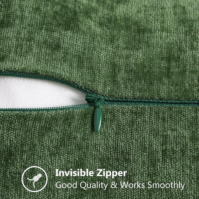 decorUhome Chenille Soft Cozy Throw Pillow Covers 22x22 Set of 2, Modern Farmhouse Boho Velvet Decorative Euro Sham Pillow Cases with Stitched Edge for Couch Sofa Bed Home Decor, Forest Green