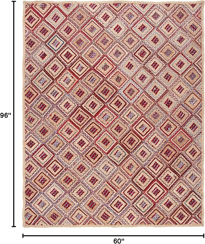 SAFAVIEH Cape Cod Collection Area Rug - 5' x 8', Natural & Red, Handmade Flat Weave Diamond Braided Jute & Denim, Ideal for High Traffic Areas in Living Room, Bedroom (CAP354B)