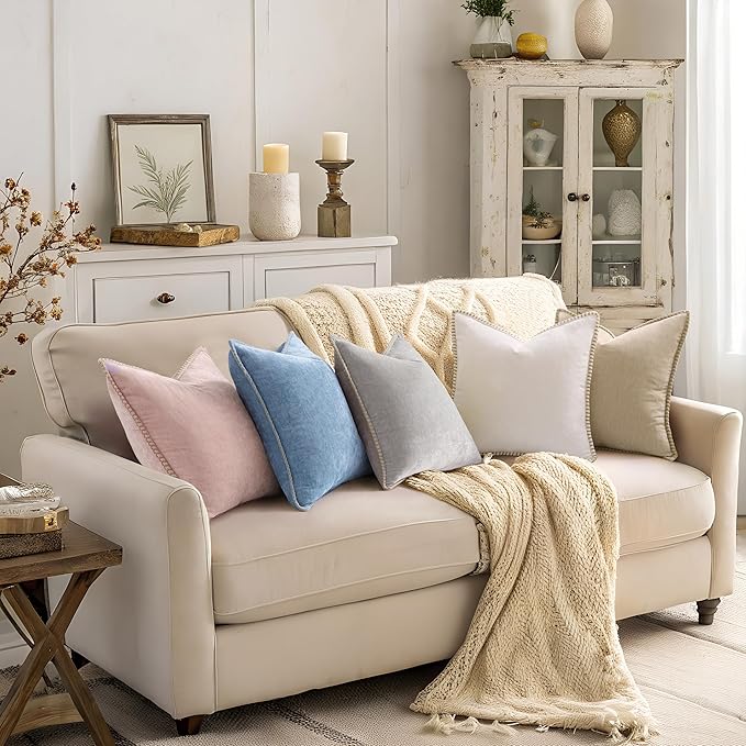 decorUhome Summer Chenille Soft Cozy Throw Pillow Covers 16x16 Set of 2, Modern Farmhouse Boho Velvet Decorative Pillow Cases with Stitched Edge for Couch Sofa Bed Home Decor, Beige