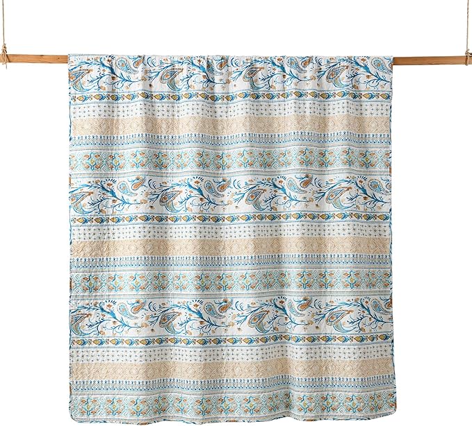 Boho Style Queen Quilt Set Reversible Bohemian Paisley Teal Quilt Beddding Set, Soft and Lightweight Bedspread for All Season, Full Size Bed Coverlet with 2 Matching Pillow Shams (3 Pieces)