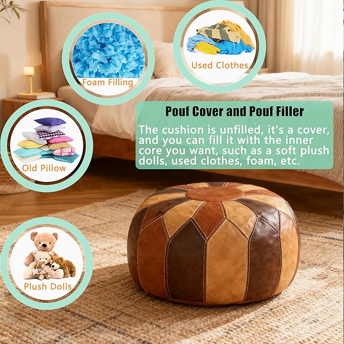 Thgonwid Unstuffed Moroccan Faux Leather Pouf Ottoman with Storage - Handmade Boho Chic Multi-Use Footrest for Living Room, Bedroom, Patio - Round Ethnic Floor Cushion & Decorative Accent, Tricolor