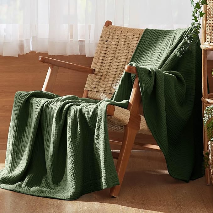 Bedsure 100% Cotton Muslin Blanket Queen Size for Bed - 4-Layer Breathable and Lightweight Thin Soft Summer Gauze Muslin Blankets for Adults, Olive Green, 90x90 Inches