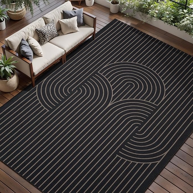 Tangsoo Modern Easy Jute Rug 8x10 Washable Area Rugs for Living Room,Black Non Slip Indoor Outdoor Carpet,Farmhouse Large Throw Mat for Balcony Backyard Dining Room Home Office Decor