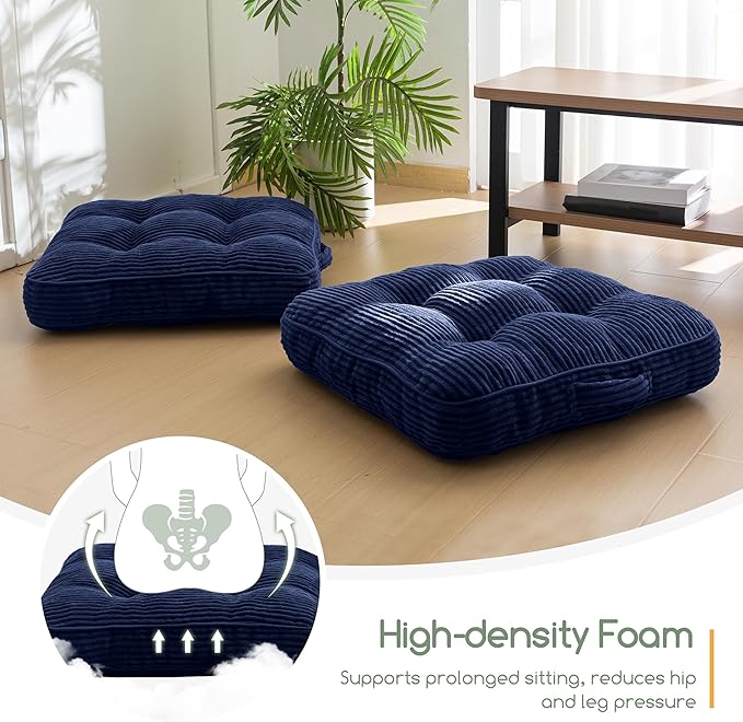 HIGOGOGO Floor Pillow Cushion for Adults, Meditation Cushion Pillow, Large Square Floor Sitting, Tufted Corduroy Cover, for Tatami Living Room or Yoga, 22x22 Inch, 2Pack, Navy