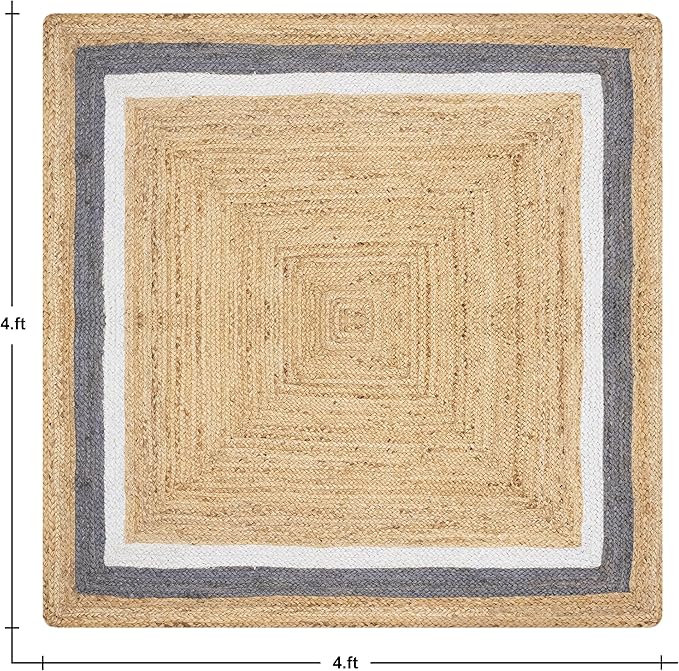Handmade Jute Rug 4x4 ft – Natural Square Boho Rug for Living Room, Dining Area & Entryway, Hand Braided Eco-Friendly Jute Carpet for Small Spaces