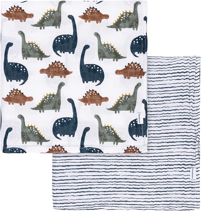 Gerber Baby Unisex 2-Pack Muslin Blanket, Dino Time, One Size