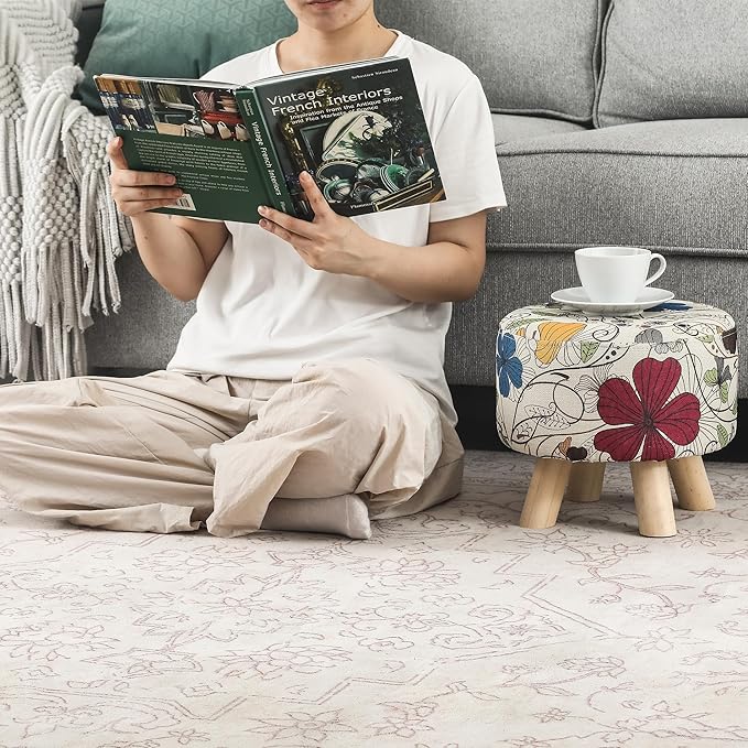 Asense 11-inch Round Ottoman Footstool,Small Padded Seat with Wood Legs,Foot Rest Stool for Living Room Bedroom Couch,Flower