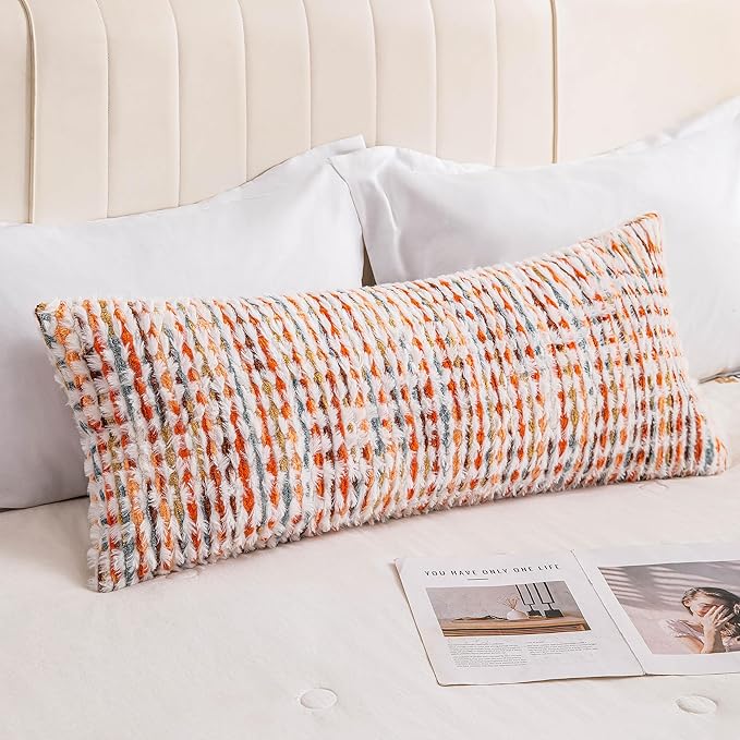Decorative Boho Orange Lumbar Pillow Covers 1 Pack 14x36 Inch Farmhouse Tufted Long Accent Body Pillow Covers for Bed, Neutral Fluffy Boho Throw Pillowcase for Couch Bedroom, Sofa Home Décor