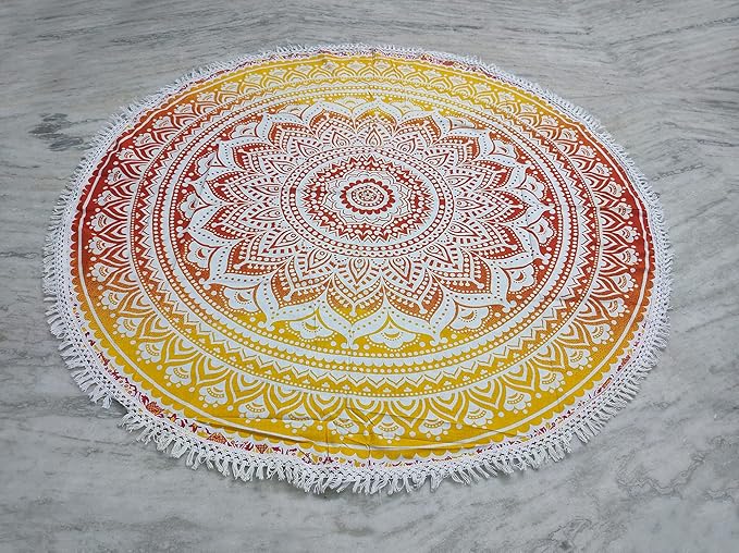Round Beach Tapestry Turquoise Mandala Throw/Boho Hippie Beach Blanket Roundie/Indian Cotton Bohemian Large Round Table Cloth-Home Decor/Yoga Mat Meditation Picnic Rug (42", Yellow-Orange)