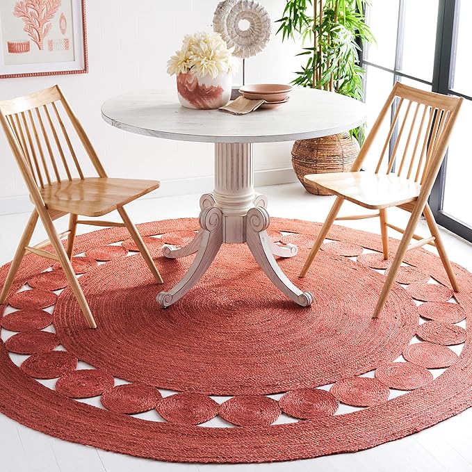 SAFAVIEH Area Rug 8' Round - Natural Fiber Collection - Large - Rust, Handmade Jute, Boho Farmhouse Braided Design (NF364P)