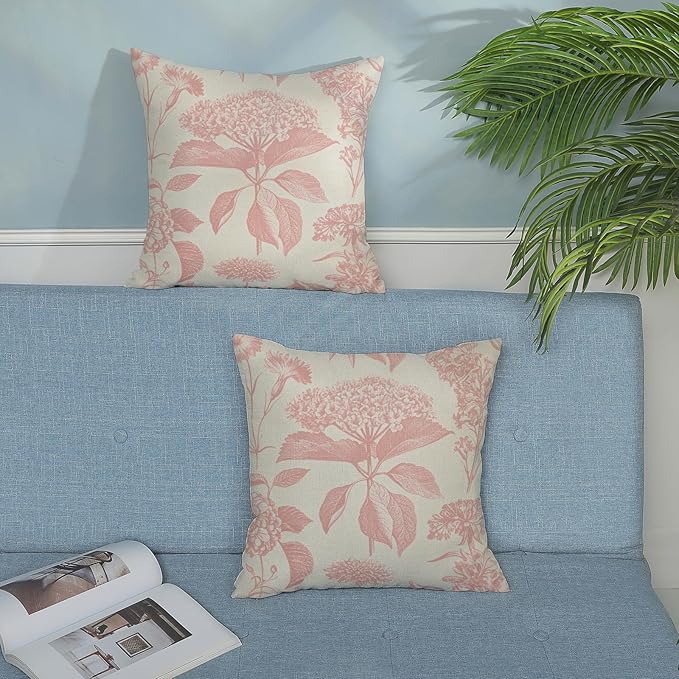 Pink Pillow Covers 18x18 Set of 2 Boho Floral Throw Pillow Cover Hydrangea Herbs Botanical Decoration Pillowcase Farmhouse Vintage Flower Linen Cushion Case Outdoor Decorative for Couch Sofa
