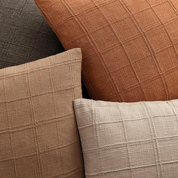 Foindtower Set of 2 Decorative Linen Check Throw Pillow Covers Neutral Farmhouse Vintage Cushion Covers Cozy Modern Boho Home Decor for Sofa Chair Couch Bedroom Living Room,14×36 Inch,Orange