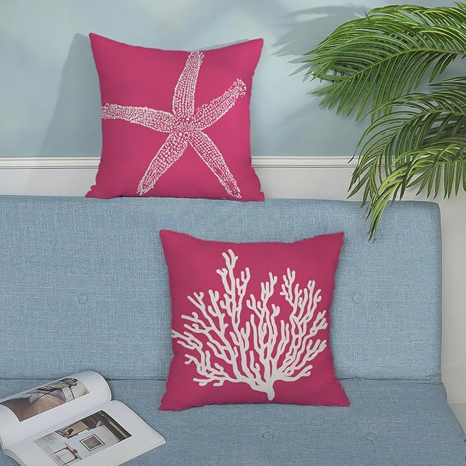 Coastal Pillow Covers 18x18 Inch Set of 2 Hot Pink Coral Starfish Throw Pillows Nautical Ocean Decorations Beach Pillowcase Outdoor Decor Linen Farmhouse Cushion Case for Home Sofa Living Room