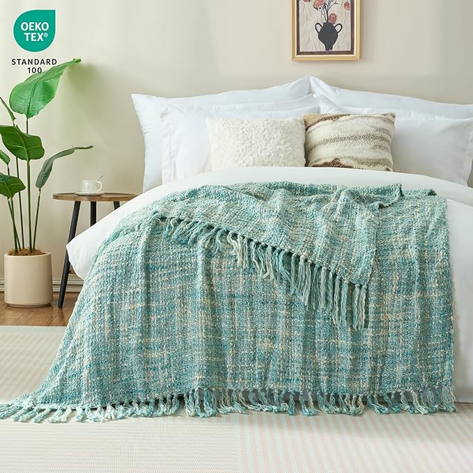 Multi-Color Turquoise Cable Woven Throw Blanket for Couch,50"X60" Boho Style Textured Blankets for Home Decor,Super Soft Warm Cozy Chunky Blanket with Decorative Tassels for Bed