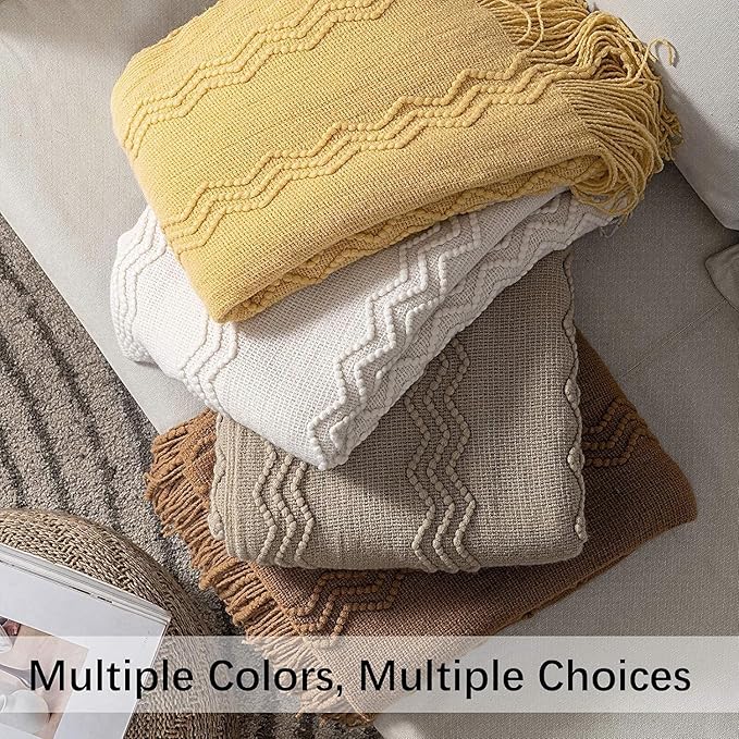 MIULEE Orange Knitted Throw Blanket for Couch Boho Terracotta Rust Textured Cozy Woven Blanket with Tassels for Sofa Chair Bed Living Room Acrylic Wave Pattern 60"x80"