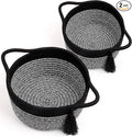 Small Round Gift Baskets with Handles Set 2, SweetMemo Little Empty Gifts Basketsl, Cute Woven Cotton Rope Storage Bins for Men, Desk, Plant, Bathroom, Decorative, Pre-Shaped, Two Pack - Black Gray