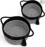 Small Round Gift Baskets with Handles Set 2, SweetMemo Little Empty Gifts Basketsl, Cute Woven Cotton Rope Storage Bins for Men, Desk, Plant, Bathroom, Decorative, Pre-Shaped, Two Pack - Black Gray