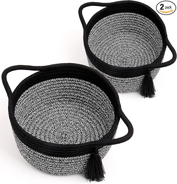 Small Round Gift Baskets with Handles Set 2, SweetMemo Little Empty Gifts Basketsl, Cute Woven Cotton Rope Storage Bins for Men, Desk, Plant, Bathroom, Decorative, Pre-Shaped, Two Pack - Black Gray