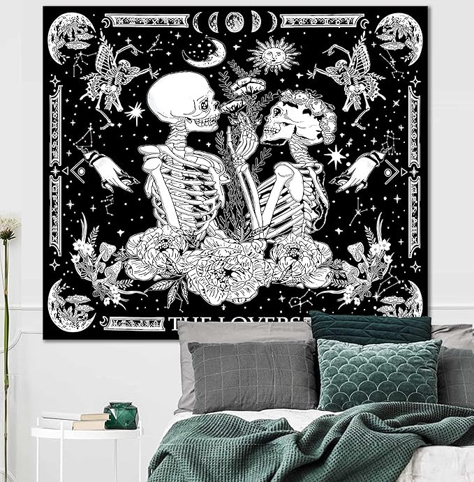 OIOVOIO The Lovers Tapestry Gothic Wall Tapestries Black and White Skeleton Mushroom Grunge Dark Witchy Wall Hanging for Home Decor Aesthetic Bedroom Living Room Dorm Decor (59"x51", Lovers)